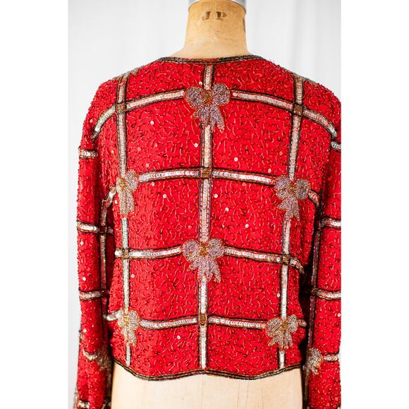 VTG 90s Laurence Kazar Beaded Christmas Blazer Red Silver Holiday Bow Jacket PXL - Picture 5 of 11